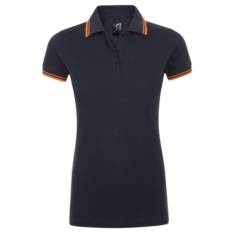 Рубашка поло женская Pasadena Women 200 с контрастной отделкой, темно-синяя (navy) с неоново-оранжевым арт.5852.42