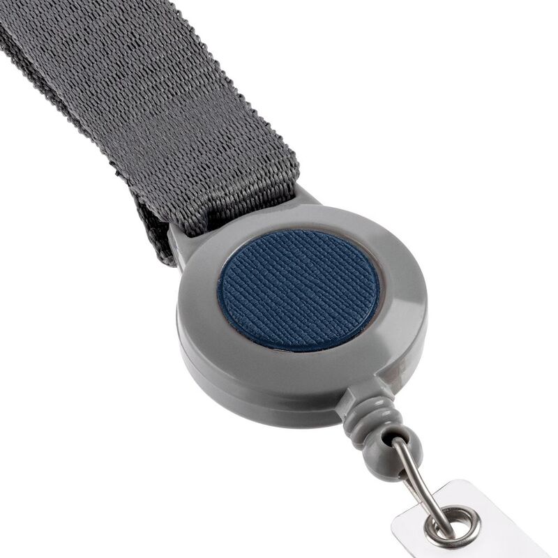 Лента для бейджа с ретрактором Devon, серая с синим арт.13761.14