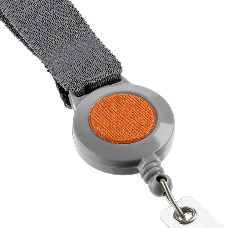 Лента для бейджа с ретрактором Devon, серая с оранжевым арт.13761.18
