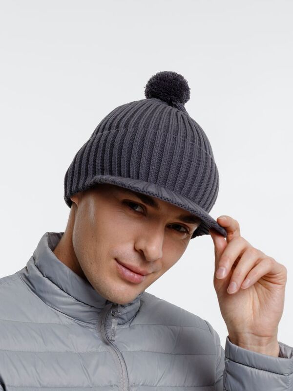 Вязаная шапка с козырьком Peaky, серая (антрацит) арт.16925.28