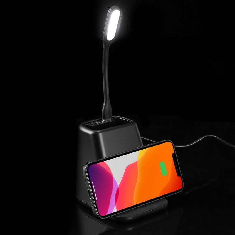 Настольный органайзер с зарядкой, лампой, вентилятором и подсветкой логотипа powerTower, черный арт.16876.30