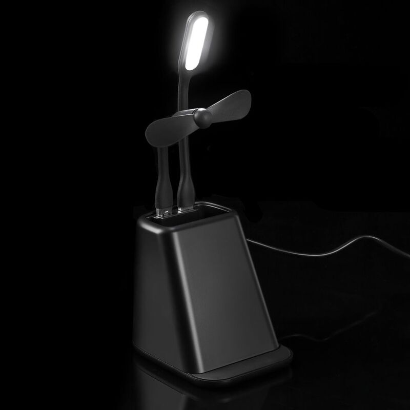 Настольный органайзер с зарядкой, лампой, вентилятором и подсветкой логотипа powerTower, черный арт.16876.30