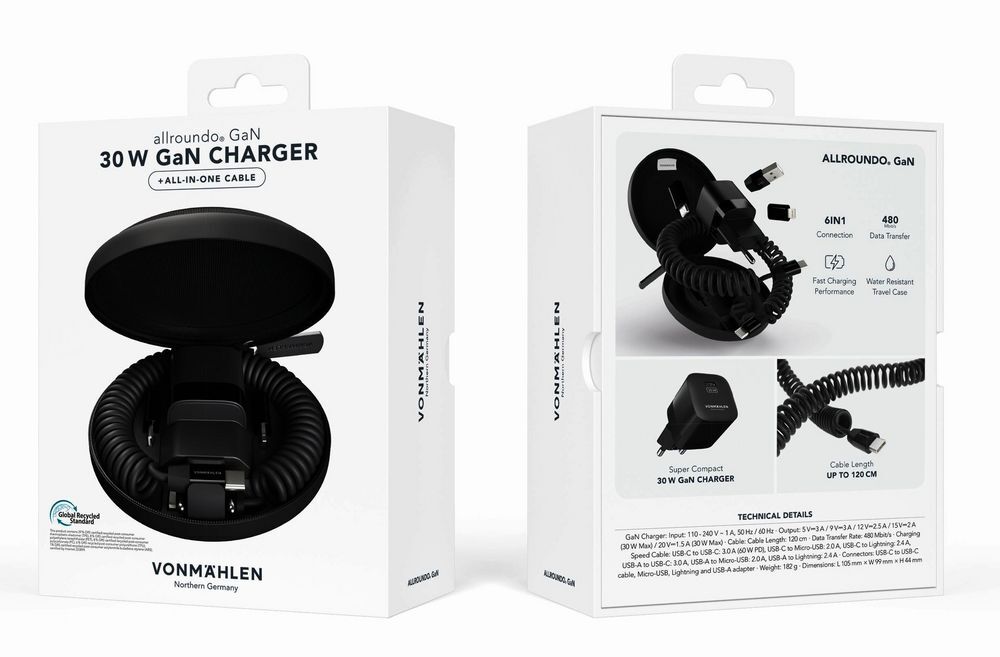 Зарядное устройство Vonmahlen Allroundo GaN, черное арт.20766.30